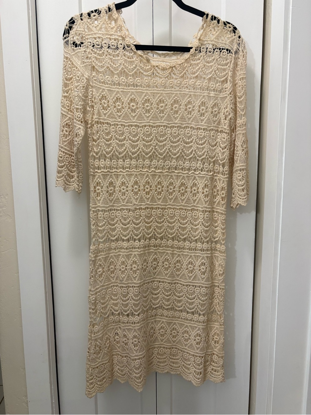 SOLITAIRE Lace Crochet Midi Dress 3/4 sleeves Boho in Cream size M